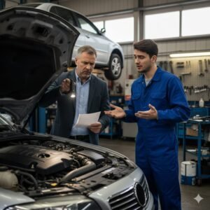 Cliente observa atentamente um mecânico trabalhando em seu carro dentro de uma oficina automotiva, representando a desconfiança e atenção necessárias para evitar fraudes e práticas desonestas em oficinas mecânicas.