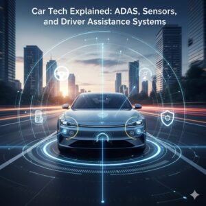Car Tech Explained: ADAS, Sensors, and Driver Assistance Systems A modern car equipped with sensors and cameras driving on a road, illustrating advanced driver assistance systems (ADAS) and automotive technology