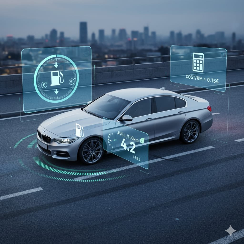 A modern car on the road with digital graphics showing fuel efficiency and cost per kilometer, symbolizing how to calculate and reduce driving expenses.