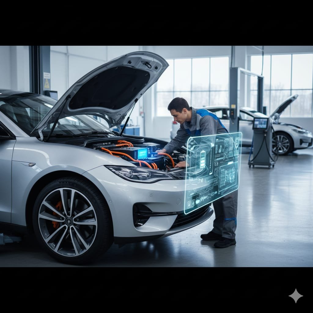 How Electric Car Maintenance Works A mechanic inspecting an electric car in a modern workshop, showing battery components and diagnostic tools that represent how electric car maintenance works.
